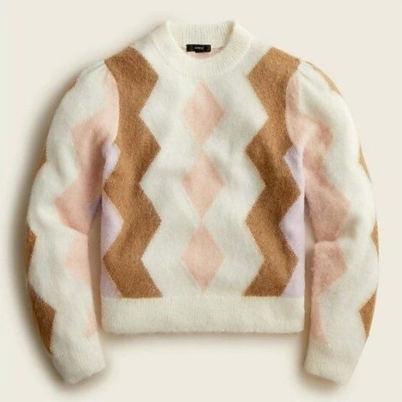 J. Crew Diamond-Checked Argyle Cropped Alpaca Blend Crewneck Sweater M - Picture 1 of 5